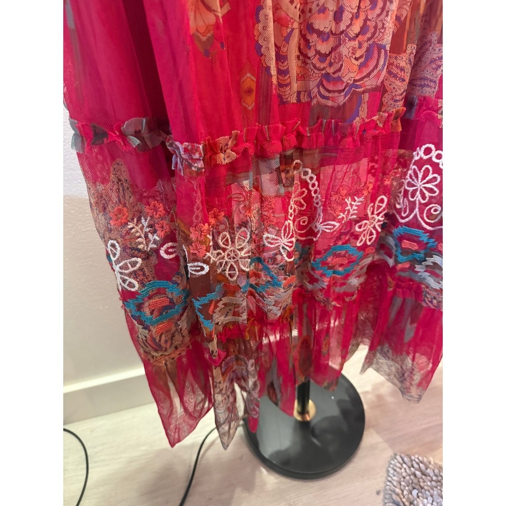 Johnny Was Biya Womens Pink Ikat Embroidered Mesh Tiered Maxi Skirt Large - Picture 2 of 5